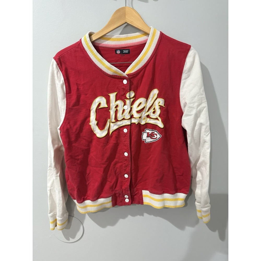 Kansas City Chiefs New Era Women's Red White Poly Snap Varsity Jacket Size L VTG